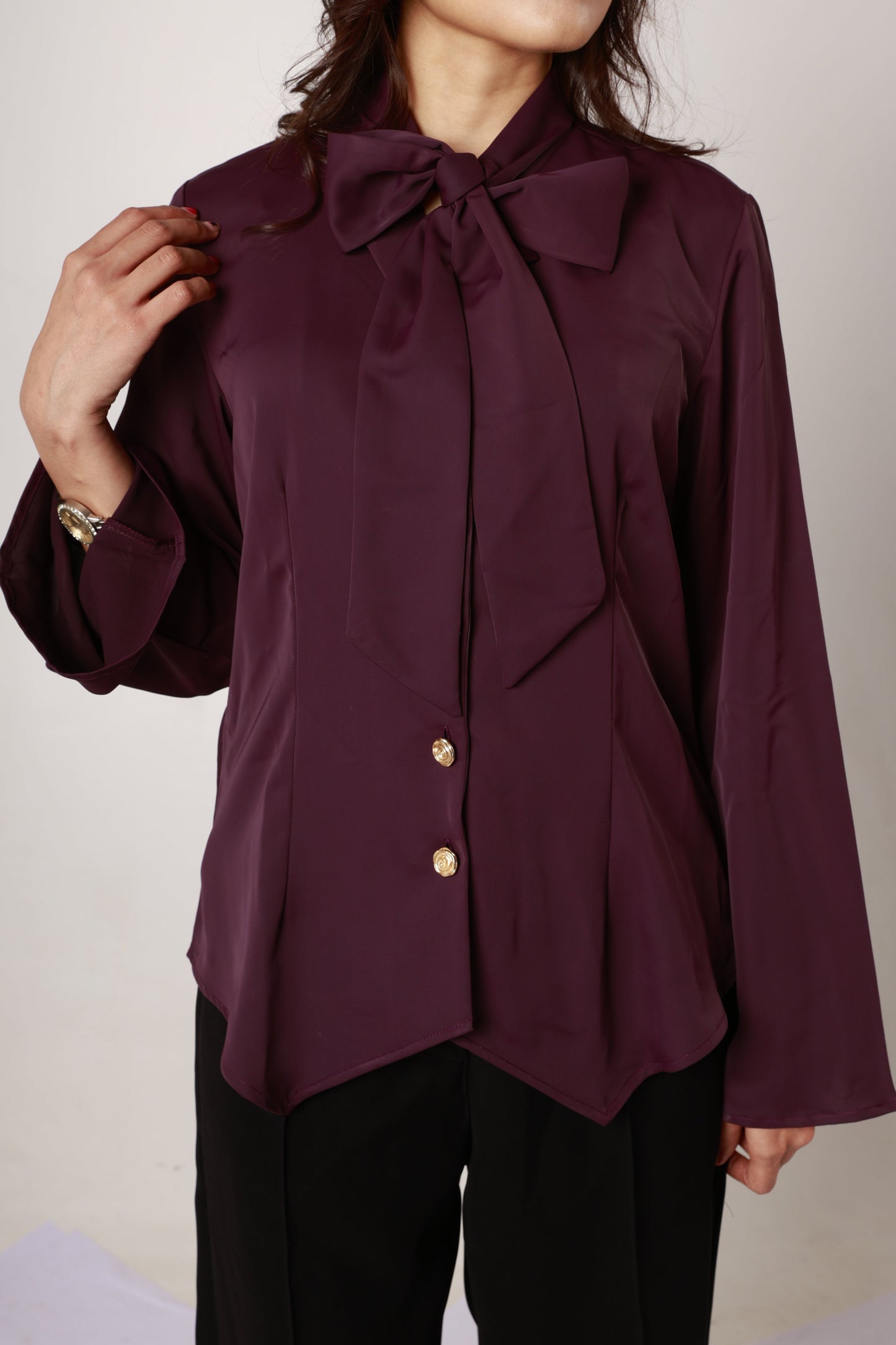 Plum Tie-Neck Shirt