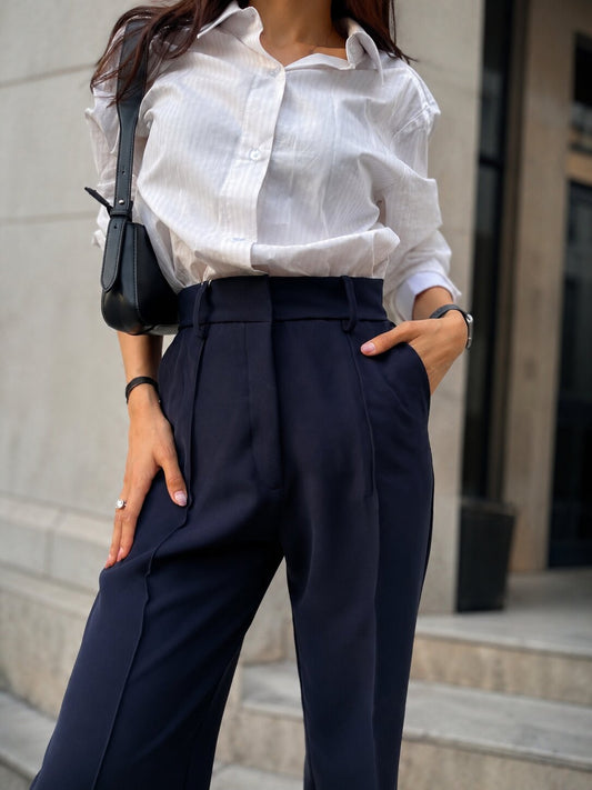 Tailored Straight Fit Trousers - Navy blue